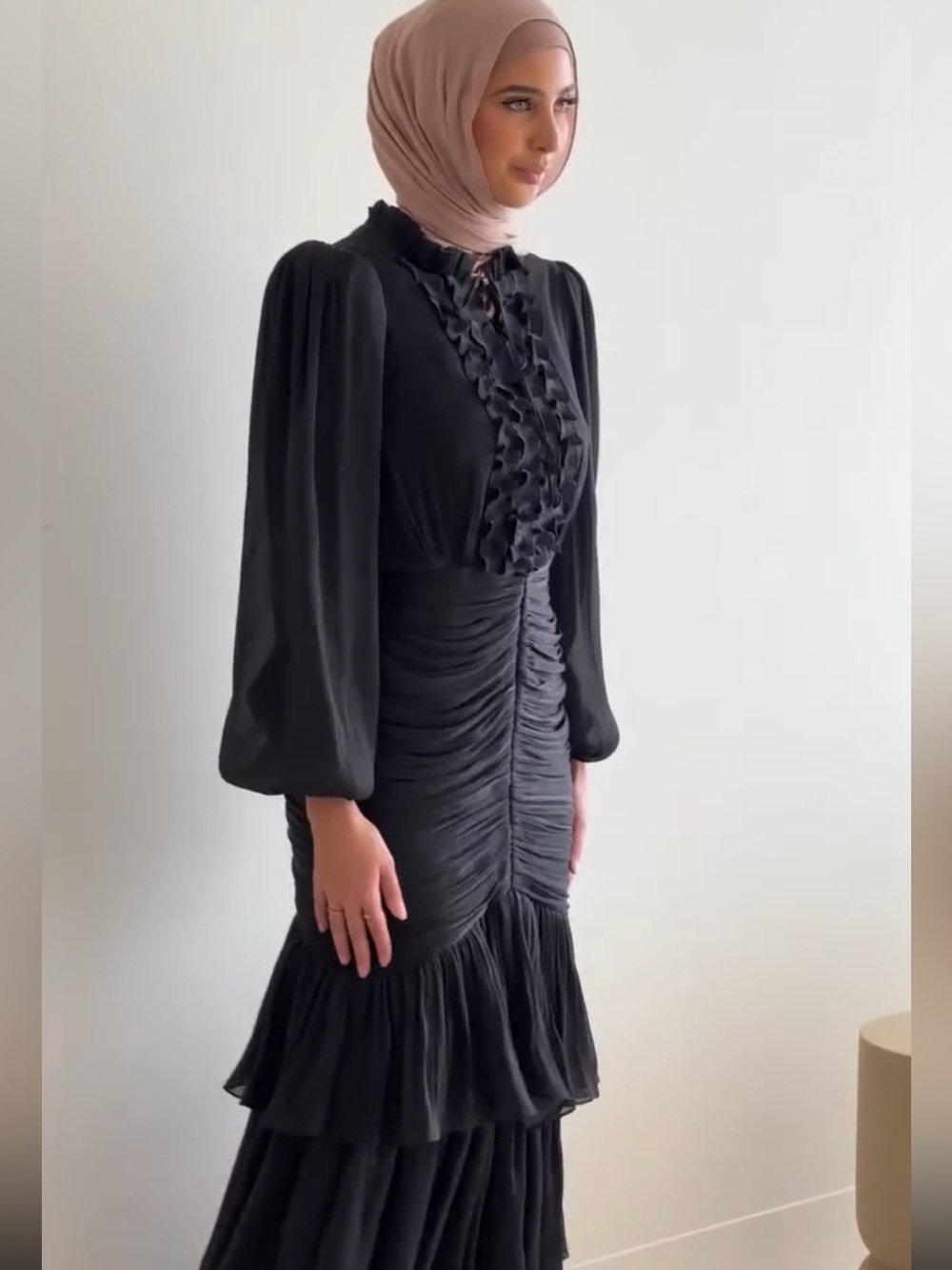 Elegant Black Ruched Tiered Maxi Dress